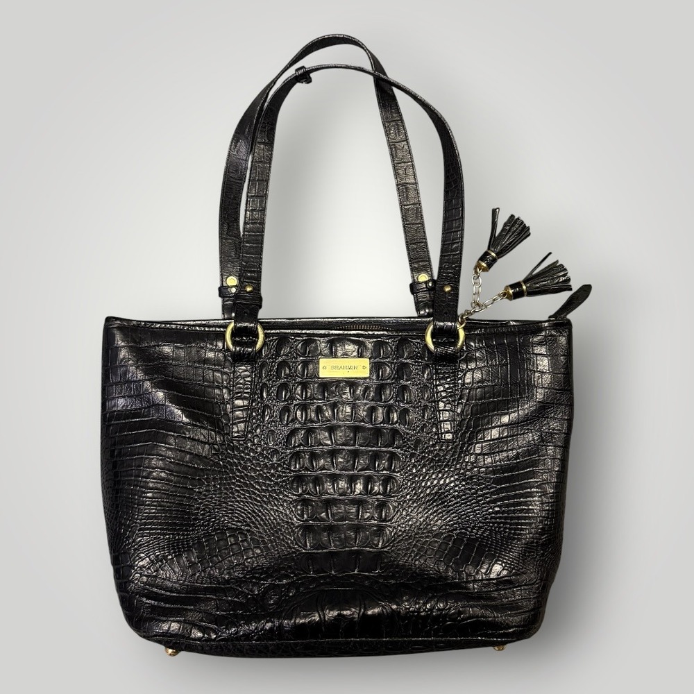 Brahmin Black Crocodile Embossed Leather Tote Bag Gold Hardware Tassel Charm